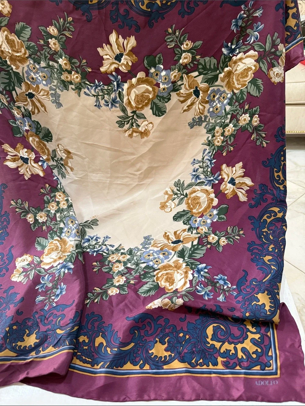 Adolfo Mauve Floral Roses 🥀 Border Silk Scarf with Cream Center hand hem edges